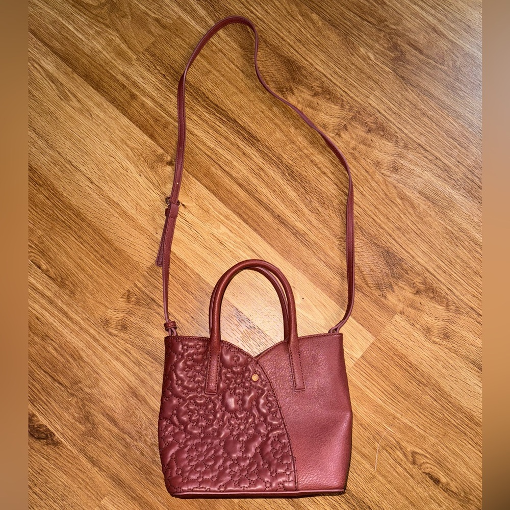 Lauren Conrad crossbody bag, maroon, handles and long shoulder strap